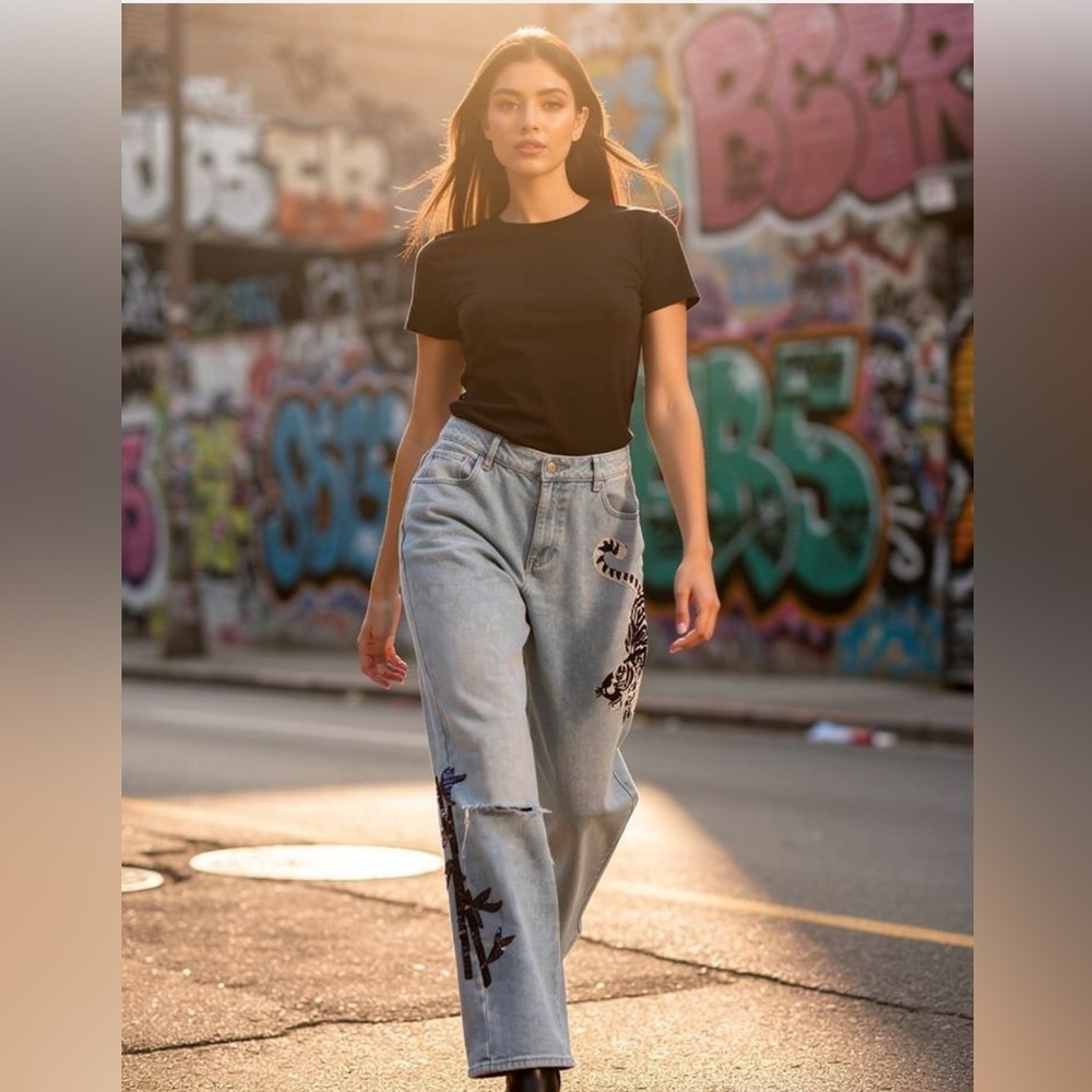 PacSun Light Blue Jeans with Black Tiger Design